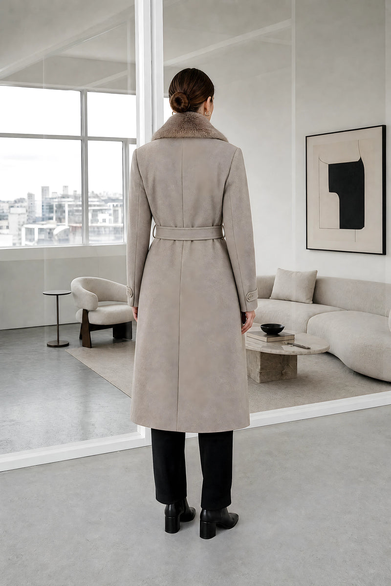 Eva | Faux Fur Coat in Khaki, studio back view