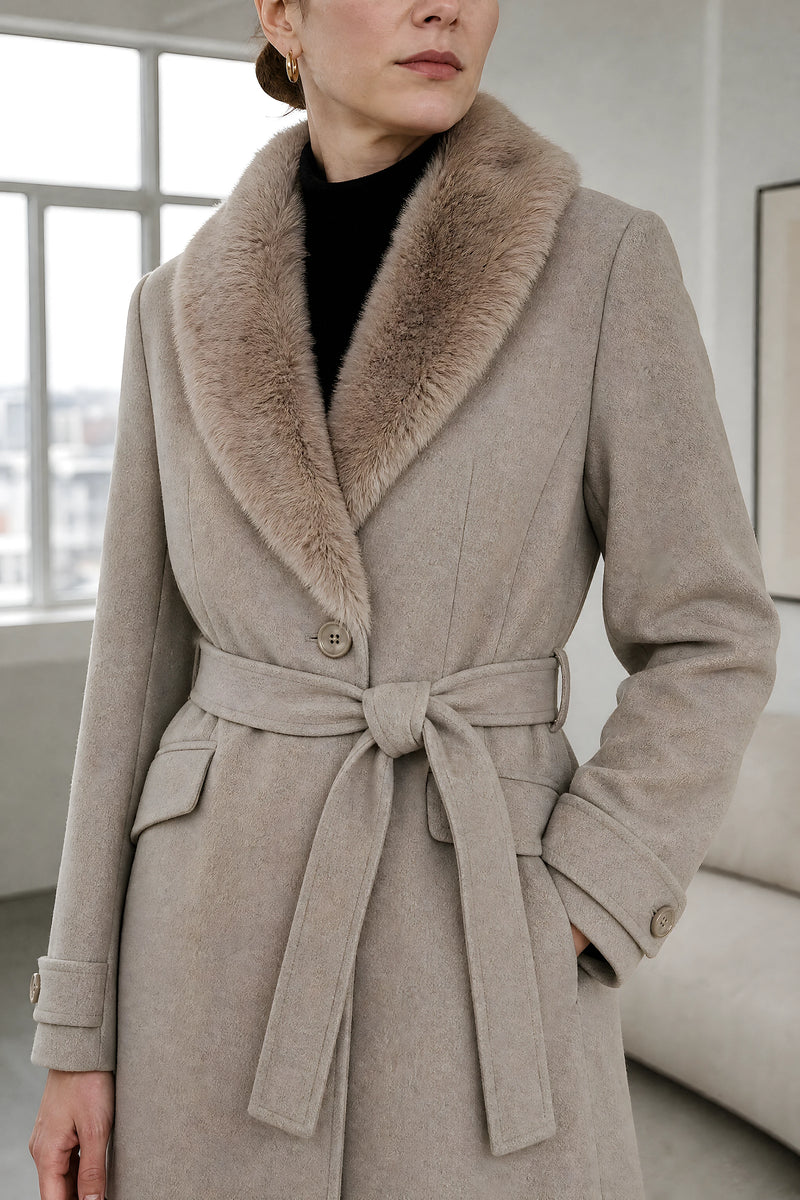 Eva | Faux Fur Coat in Khaki, fabric close-up