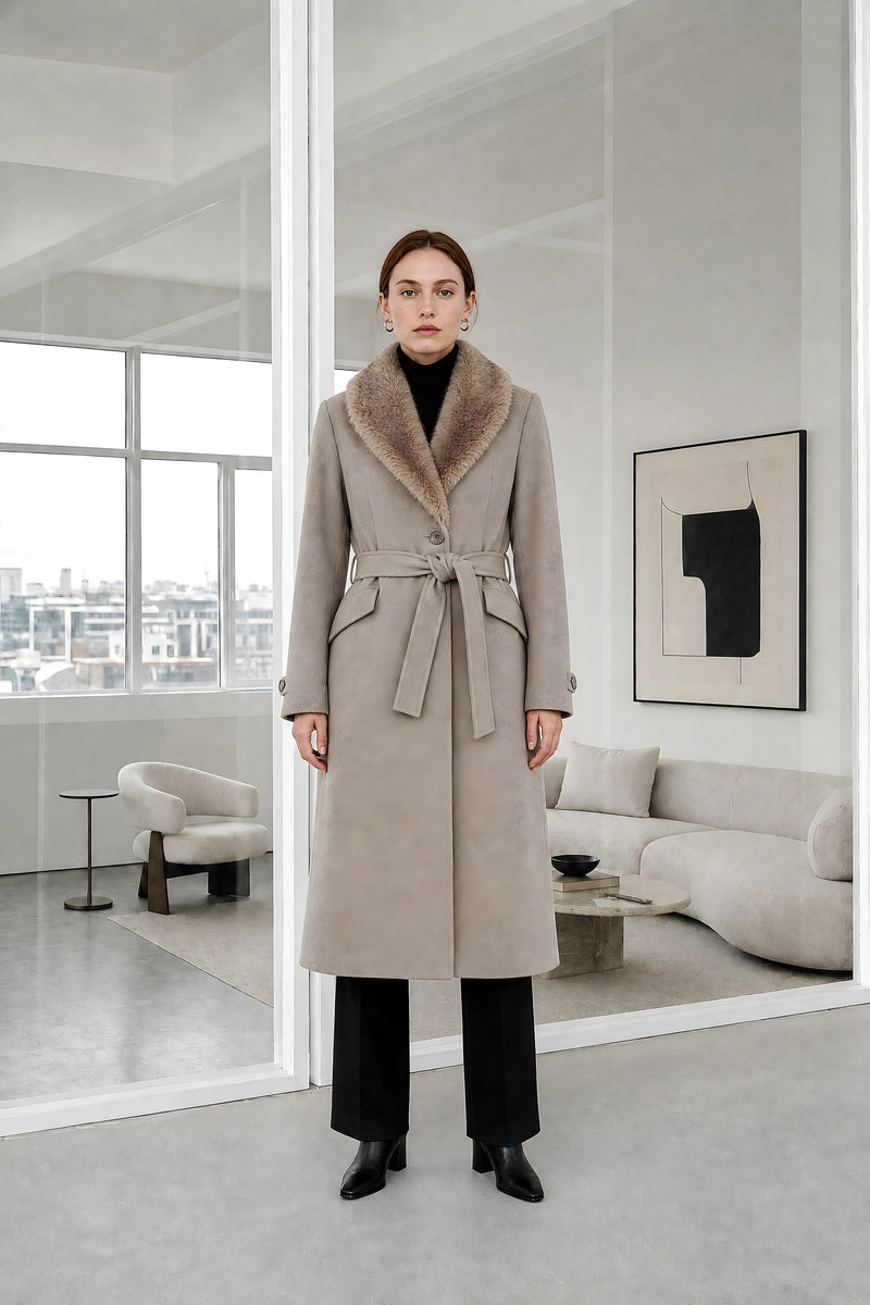 Eva | Faux Fur Coat in Khaki, studio front view