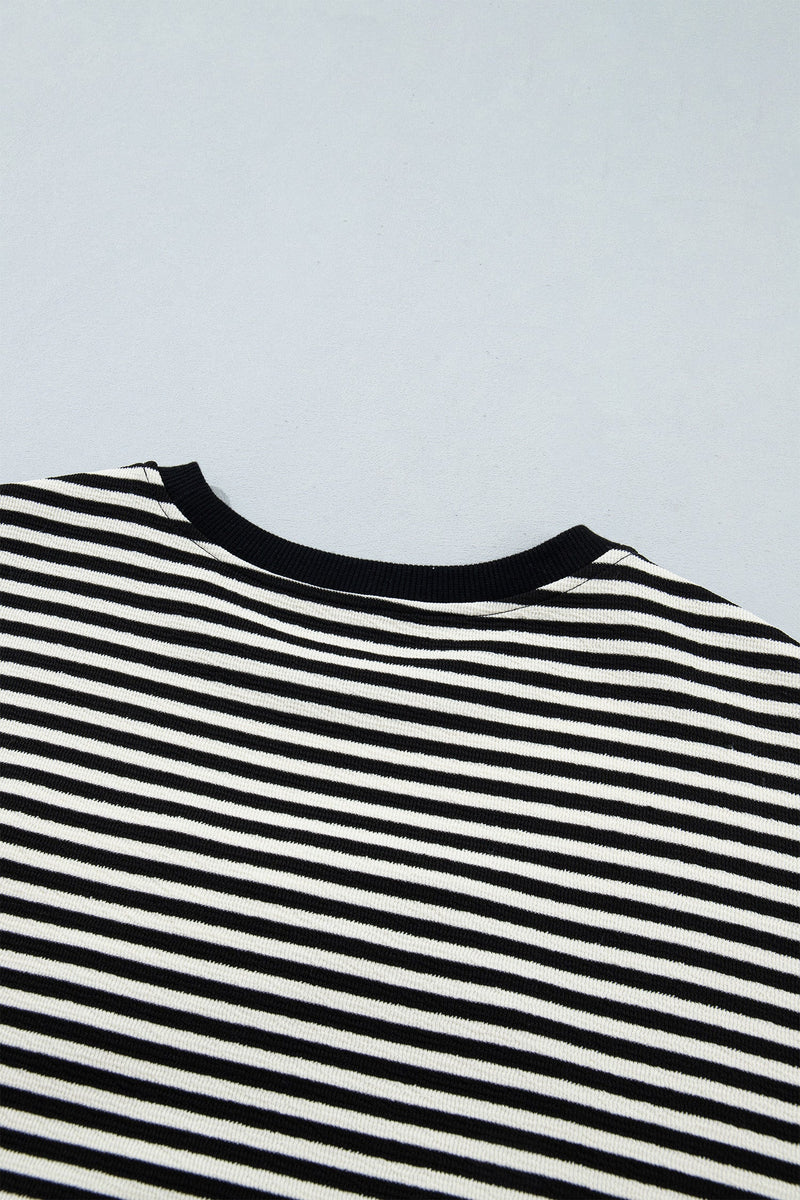 Striped Bow Sweater for Women with Velvet Applique and Dropped Shoulders in Black Stripe, back neckline detail