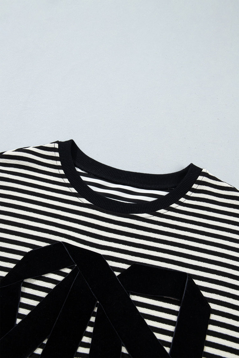 Striped Bow Sweater for Women with Velvet Applique and Dropped Shoulders in Black Stripe, bow detail