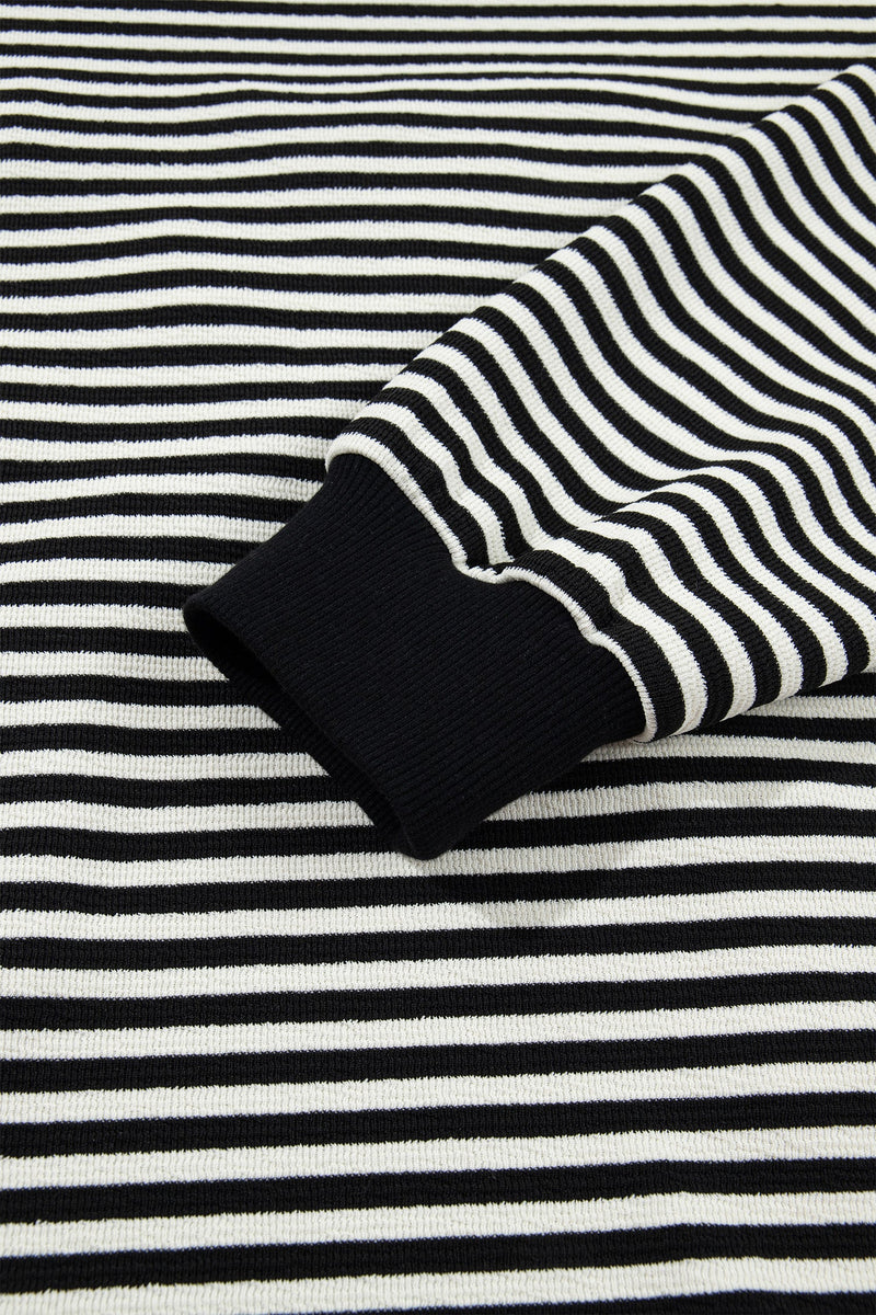 Striped Bow Sweater for Women with Velvet Applique and Dropped Shoulders in Black Stripe, cuff detail