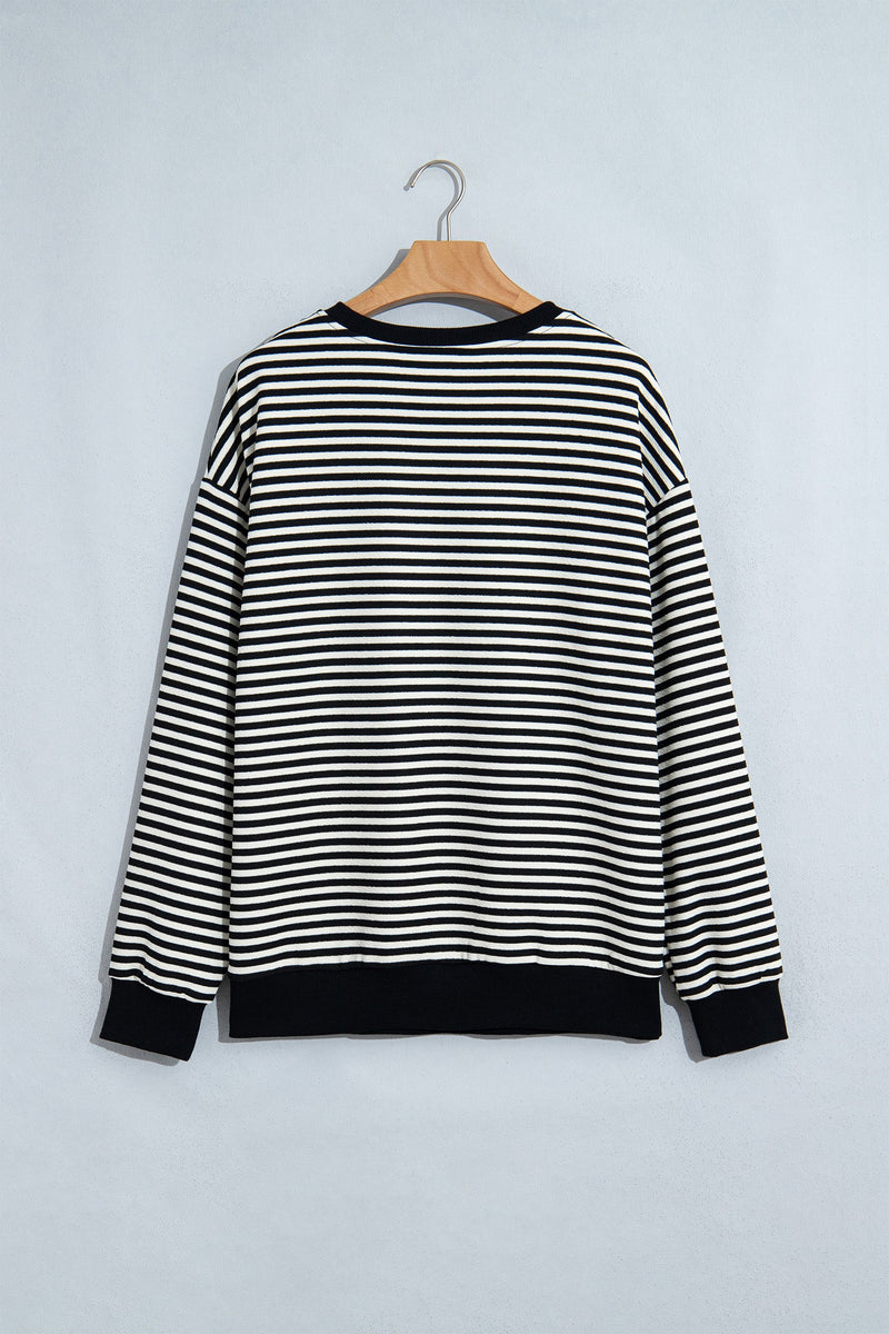 Striped Bow Sweater for Women with Velvet Applique and Dropped Shoulders in Black Stripe, flat lay back