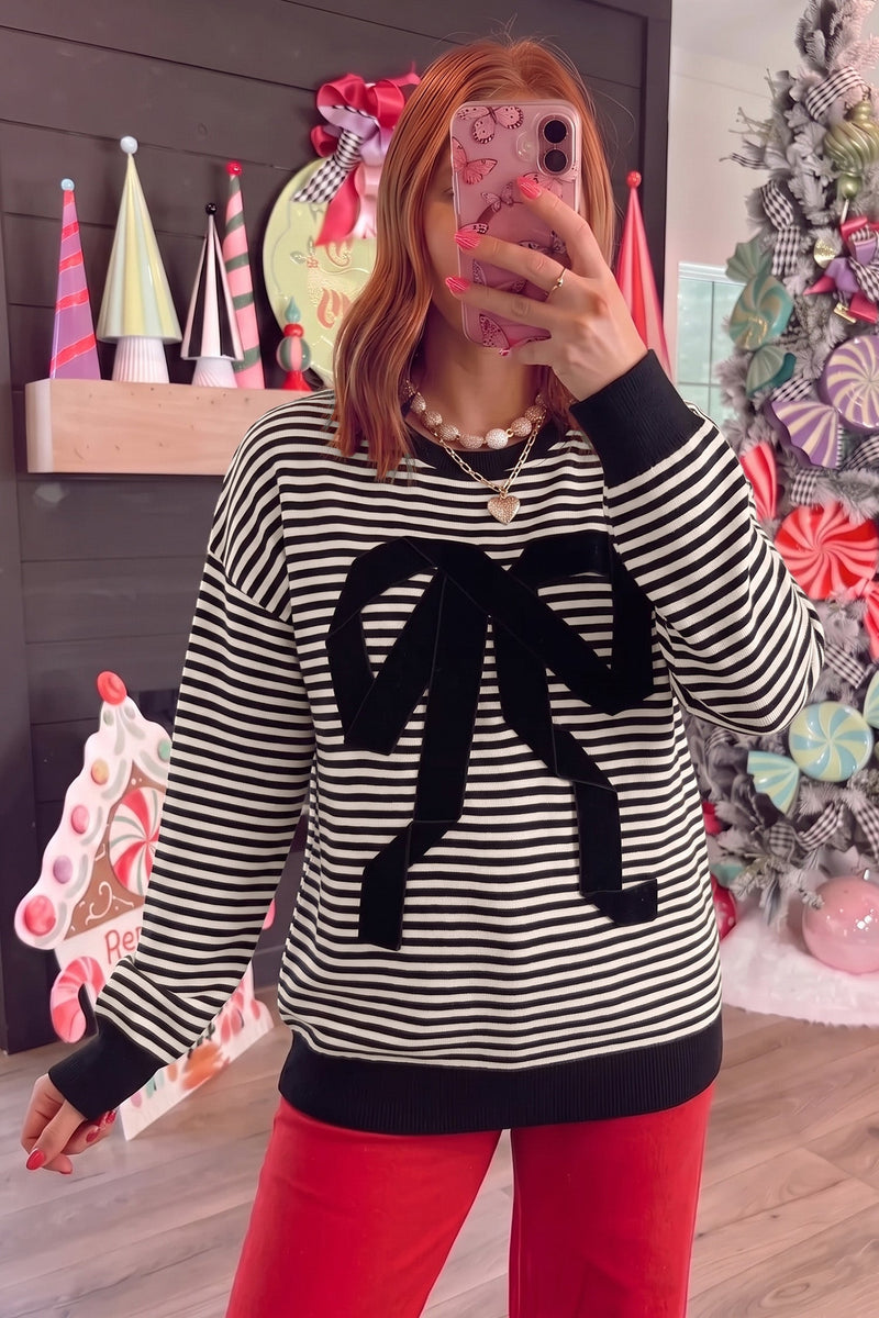 Striped Bow Sweater for Women with Velvet Applique and Dropped Shoulders in Black Stripe, front view 2