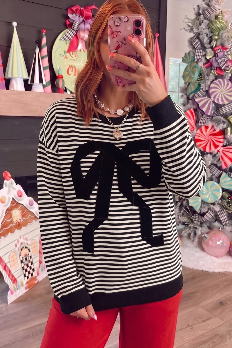 Striped Bow Sweater for Women with Velvet Applique and Dropped Shoulders in Black Stripe, front view 3