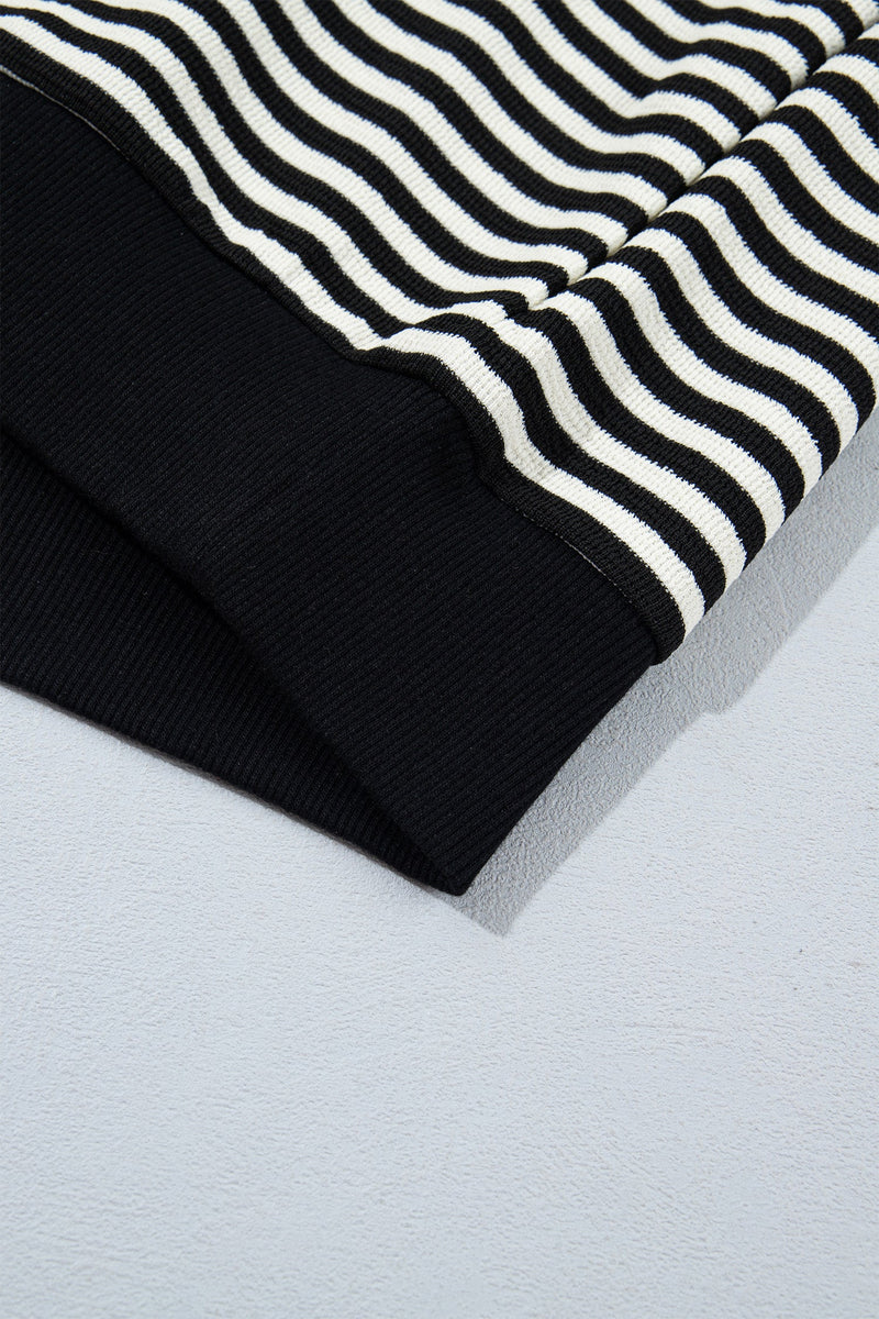 Striped Bow Sweater for Women with Velvet Applique and Dropped Shoulders in Black Stripe, hem detail