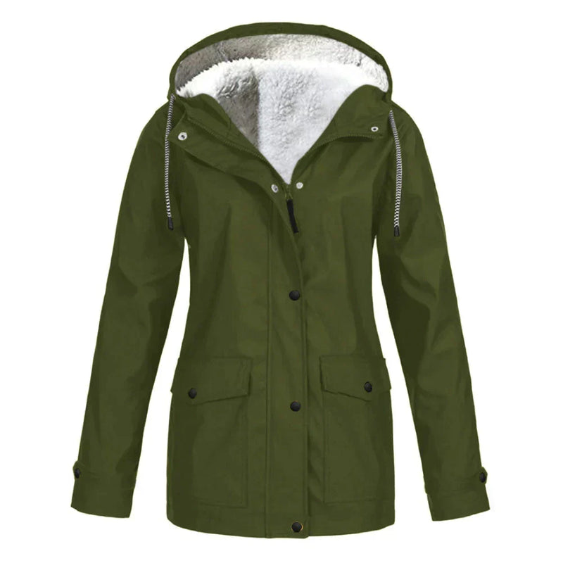 Fleece Lined Waterproof Rain Jacket for Women with Hood and Flap Pockets in Army Green, front view
