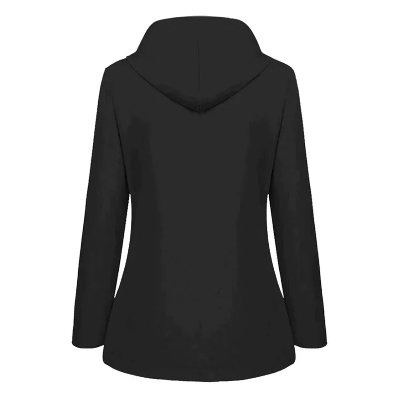 Fleece Lined Waterproof Rain Jacket for Women with Hood and Flap Pockets in Black, back view