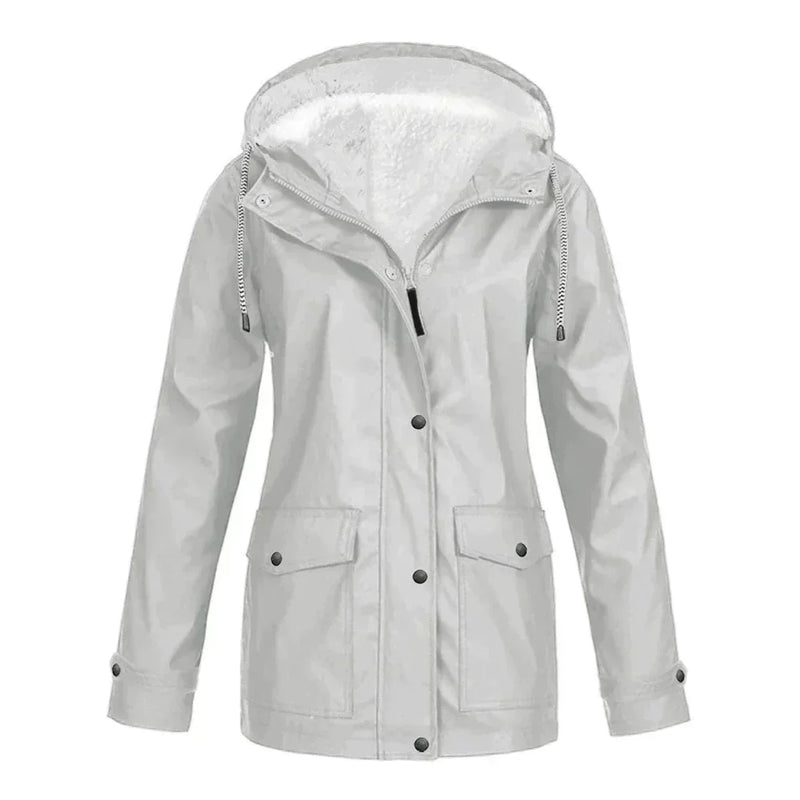 Fleece Lined Waterproof Rain Jacket for Women with Hood and Flap Pockets in Light Gray, front view