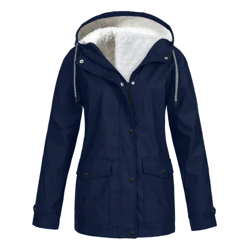 Fleece Lined Waterproof Rain Jacket for Women with Hood and Flap Pockets in Navy Blue, front view
