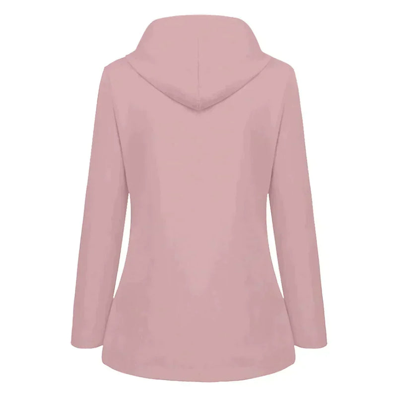 Fleece Lined Waterproof Rain Jacket for Women with Hood and Flap Pockets in Pink, back view