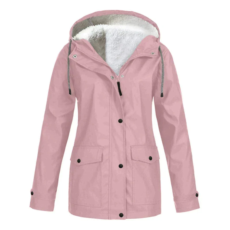 Fleece Lined Waterproof Rain Jacket for Women with Hood and Flap Pockets in Pink, front view