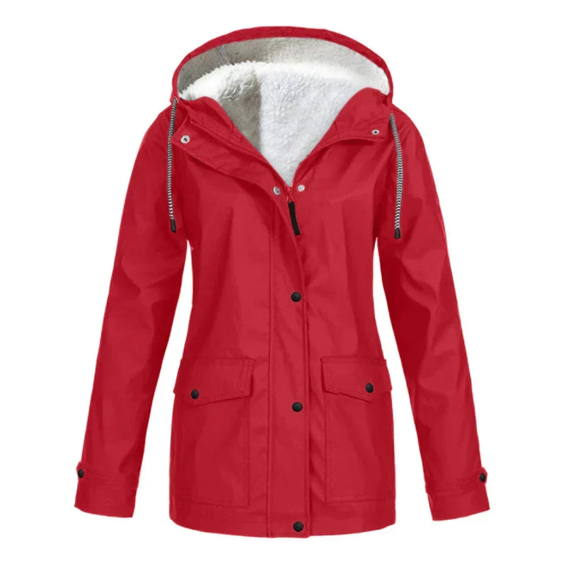 Fleece Lined Waterproof Rain Jacket for Women with Hood and Flap Pockets in Red, front view