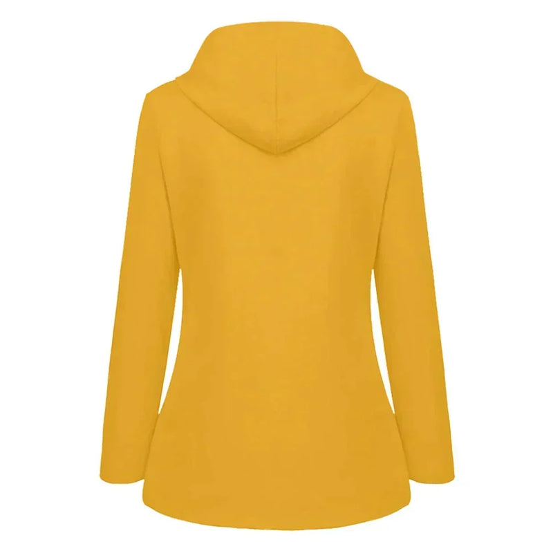 Fleece Lined Waterproof Rain Jacket for Women with Hood and Flap Pockets in Yellow, back view