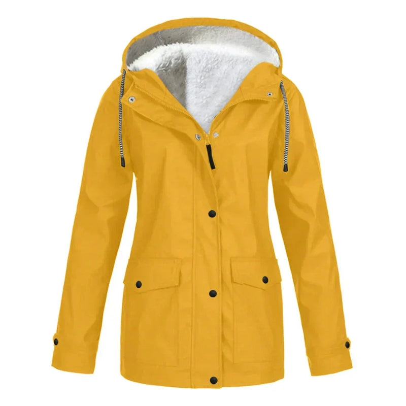 Fleece Lined Waterproof Rain Jacket for Women with Hood and Flap Pockets in Yellow, front view