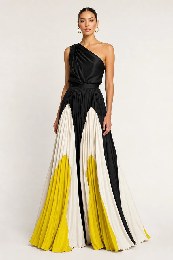 Sofaine Evelyn one-shoulder pleated maxi dress in black, white and yellow, worn front view