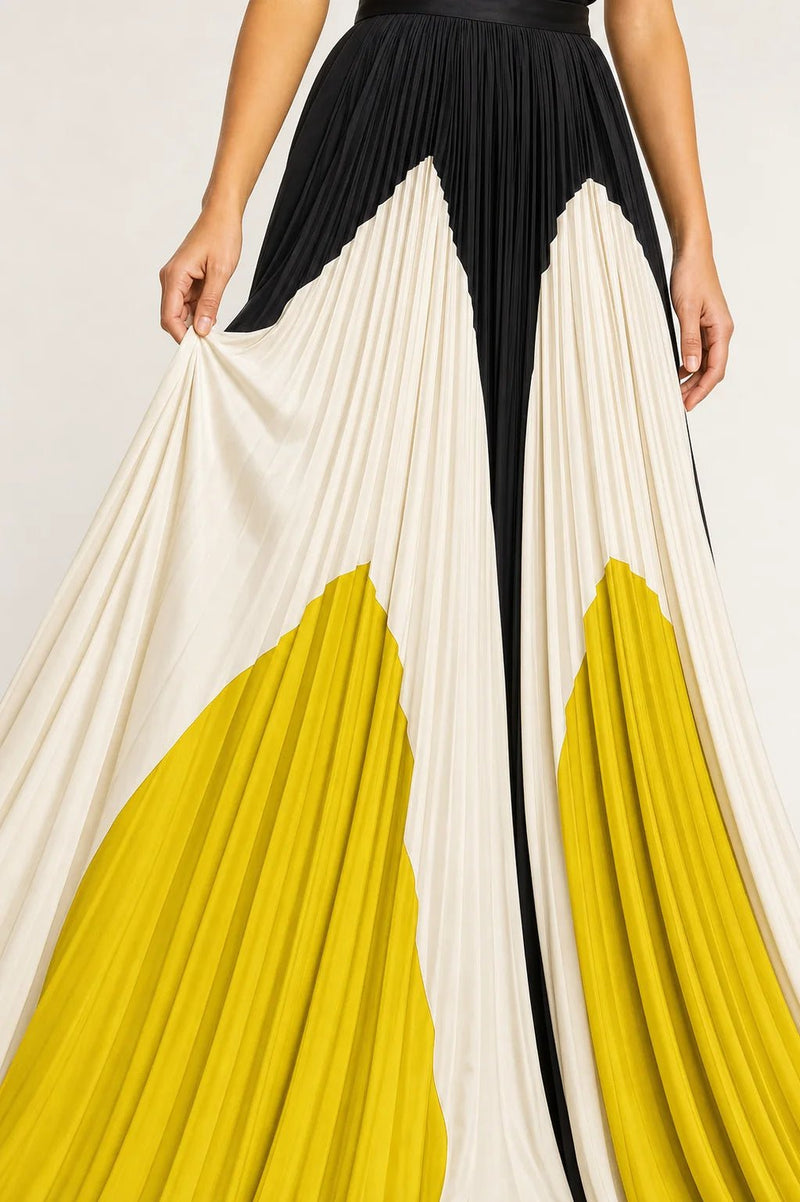 Sofaine Evelyn pleated maxi skirt in black, white and yellow, fabric close-up