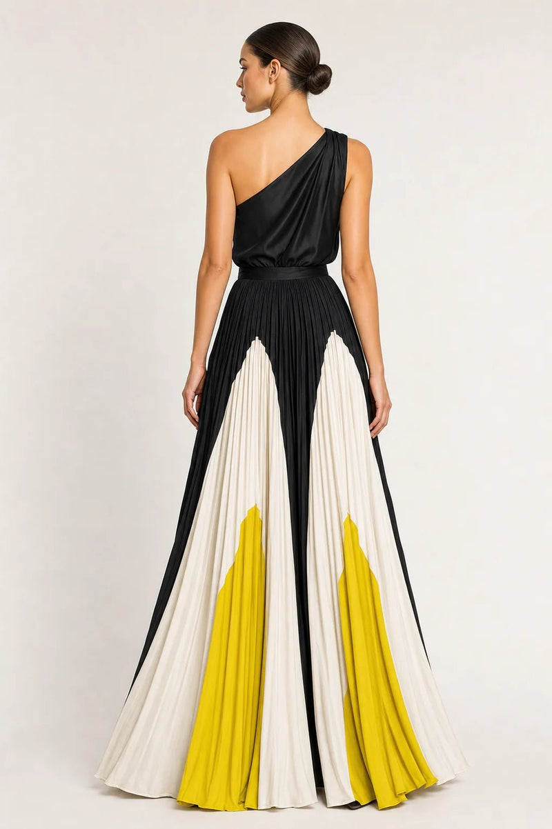 Sofaine Evelyn one-shoulder pleated maxi dress in black, white and yellow, back view