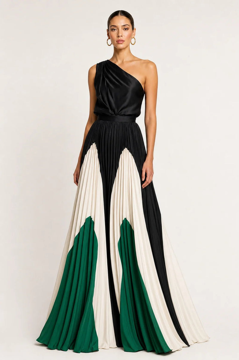 Sofaine Evelyn one-shoulder pleated maxi dress in black, white and green, worn front view