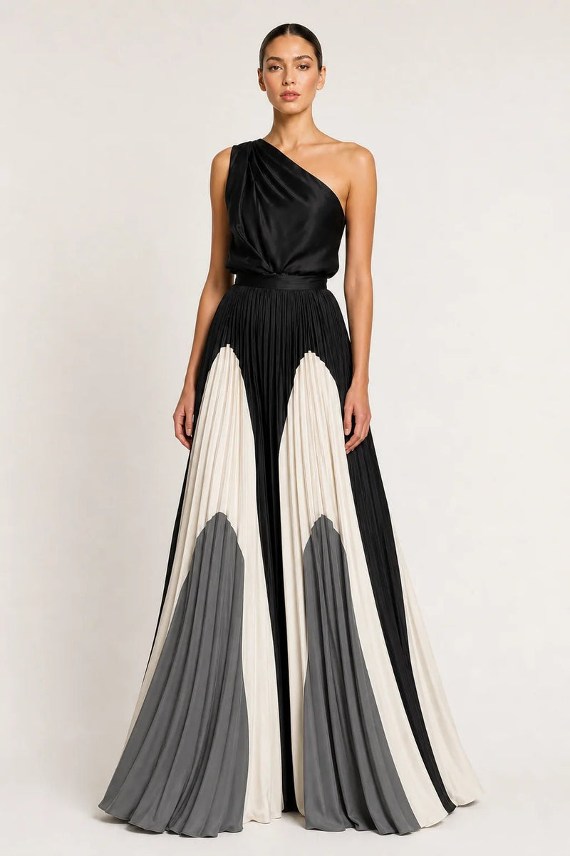 Sofaine Evelyn one-shoulder pleated maxi dress in black, white and gray, worn front view