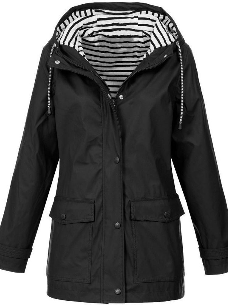 Hooded Waterproof Rain Jacket for Women with Striped Hood Lining in Black, front view