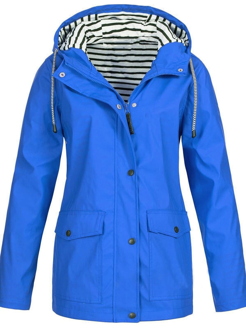 Hooded Waterproof Rain Jacket for Women with Striped Hood Lining in Blue, front view