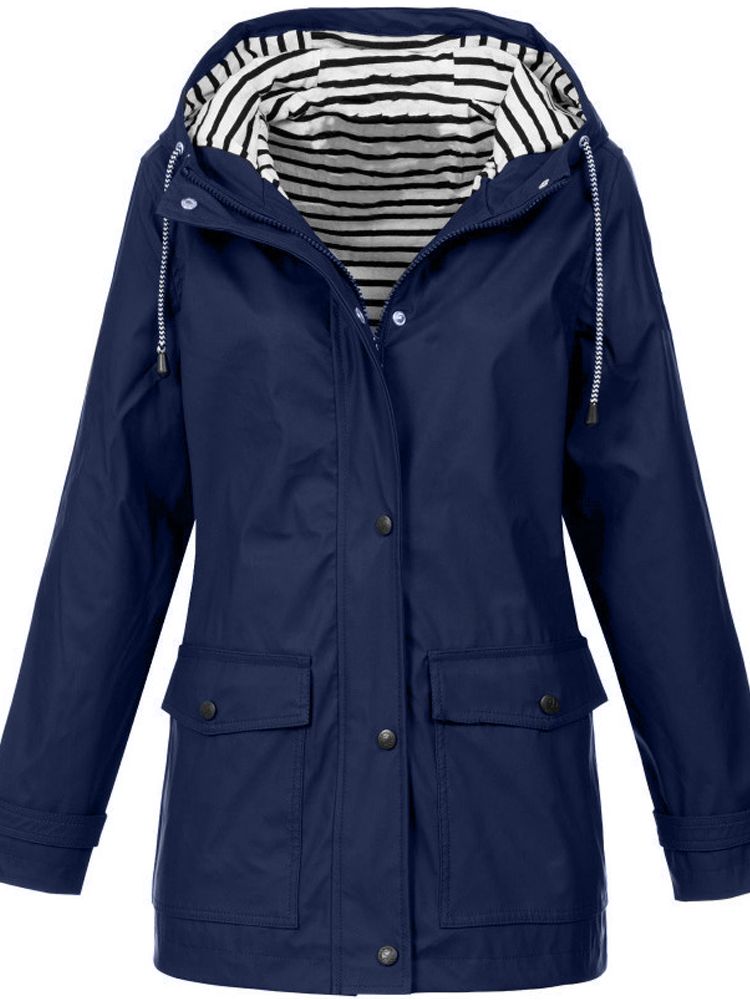 Hooded Waterproof Rain Jacket for Women with Striped Hood Lining in Dark Blue, front view