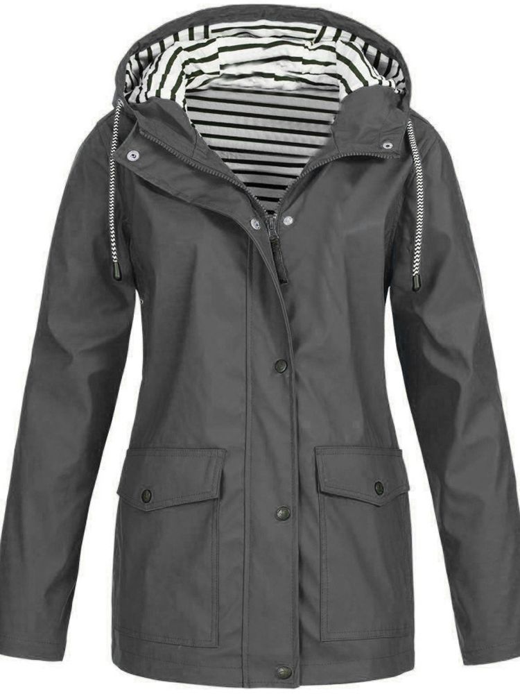 Hooded Waterproof Rain Jacket for Women with Striped Hood Lining in Gray, front view