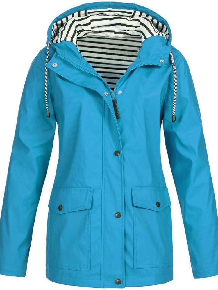 Hooded Waterproof Rain Jacket for Women with Striped Hood Lining in Light Blue, front view