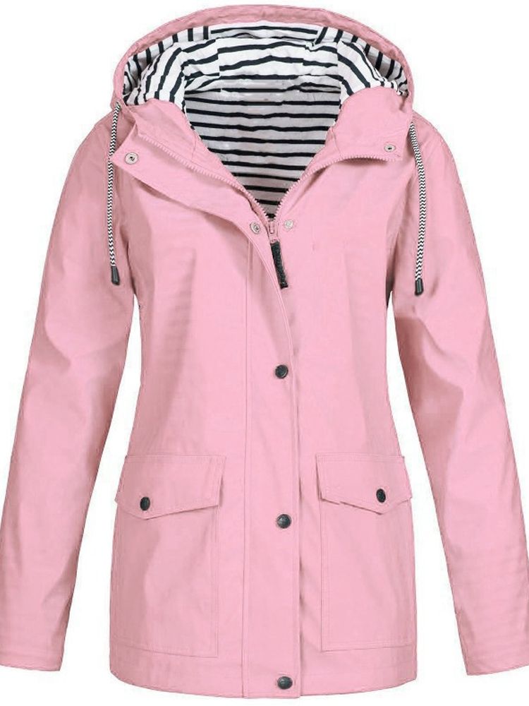 Hooded Waterproof Rain Jacket for Women with Striped Hood Lining in Pink, front view