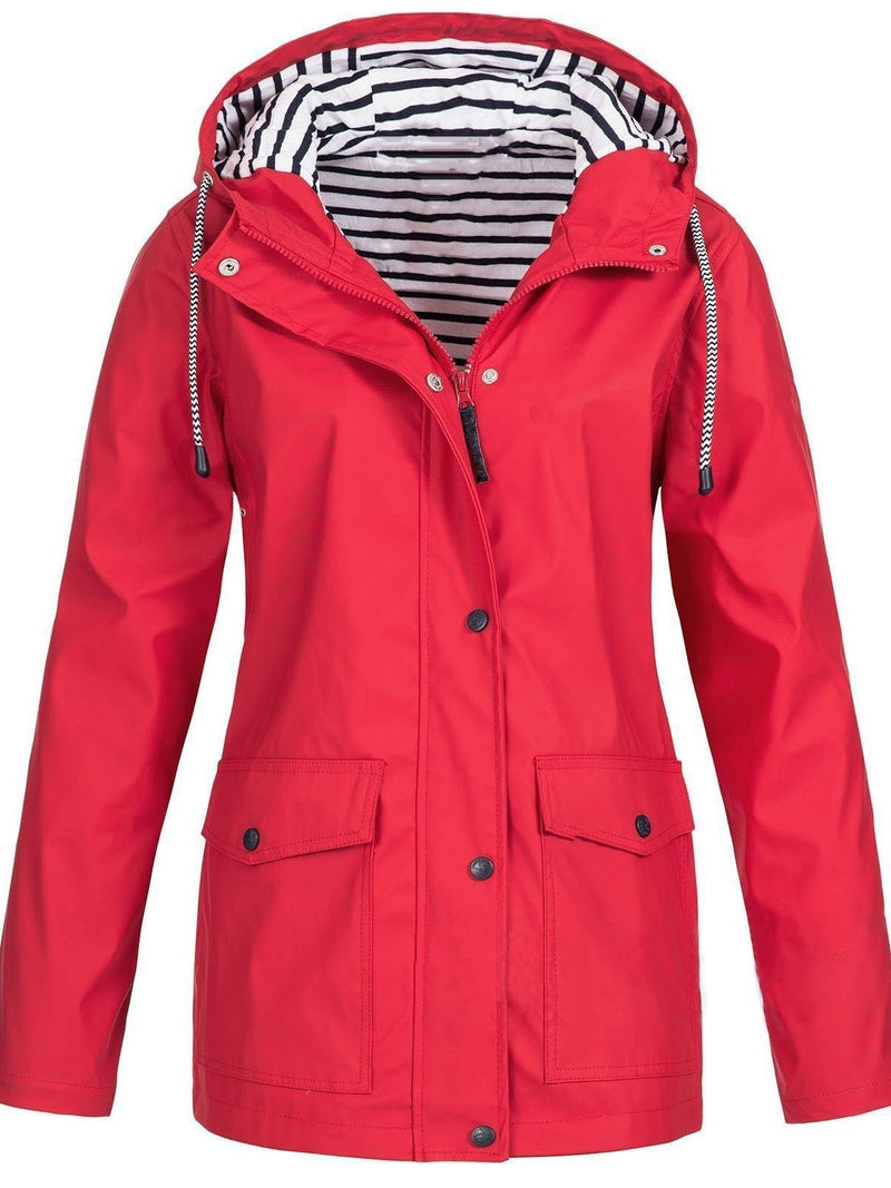 Hooded Waterproof Rain Jacket for Women with Striped Hood Lining in Red, front view