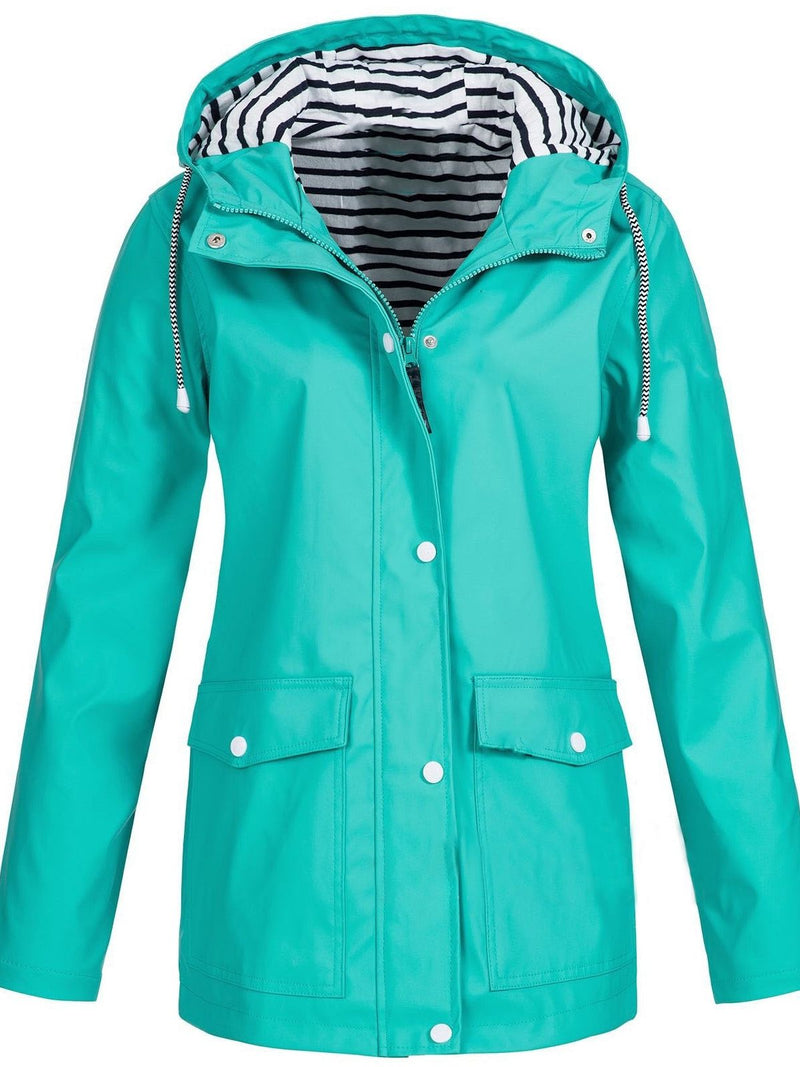 Hooded Waterproof Rain Jacket for Women with Striped Hood Lining in Turquoise, front view