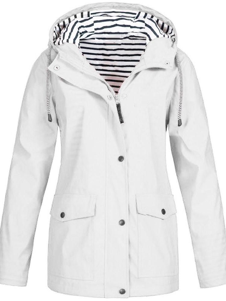 Hooded Waterproof Rain Jacket for Women with Striped Hood Lining in White, front view