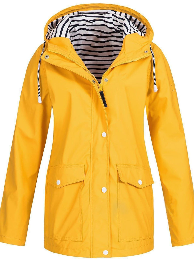 Hooded Waterproof Rain Jacket for Women with Striped Hood Lining in Yellow, front view
