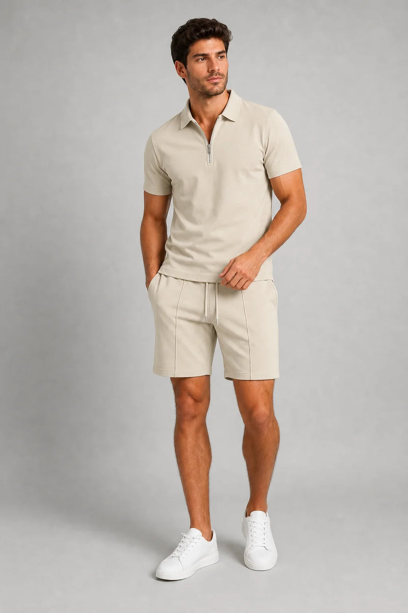 Sofaine Ezra men's two-piece polo set in Beige, worn front