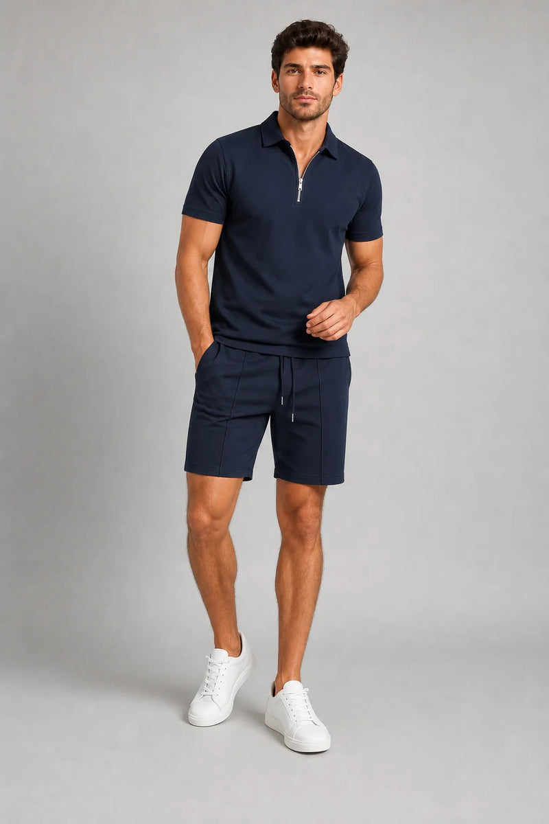 Sofaine Ezra men's two-piece polo set in Dark blue, worn front