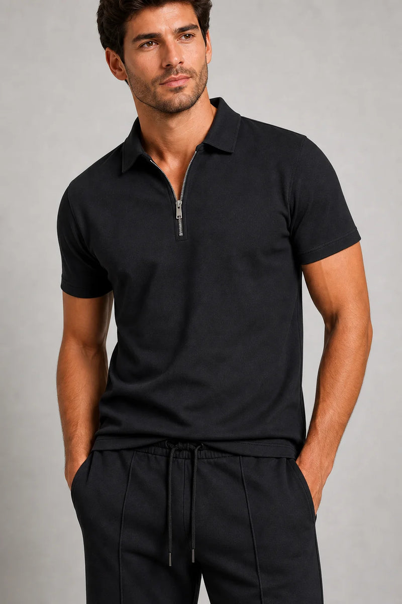 Sofaine Ezra men's two-piece polo set in Black, quarter-zip collar and drawstring waist detail