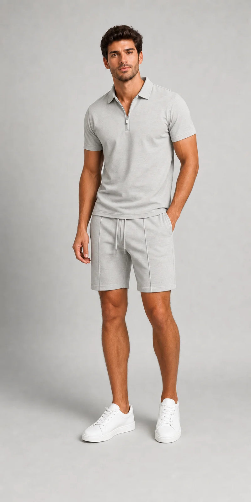 Sofaine Ezra men's two-piece polo set in Grey, worn front