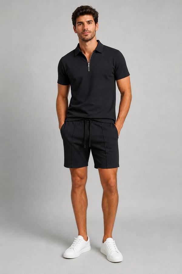 Sofaine Ezra men's two-piece polo set in Black, worn front hero