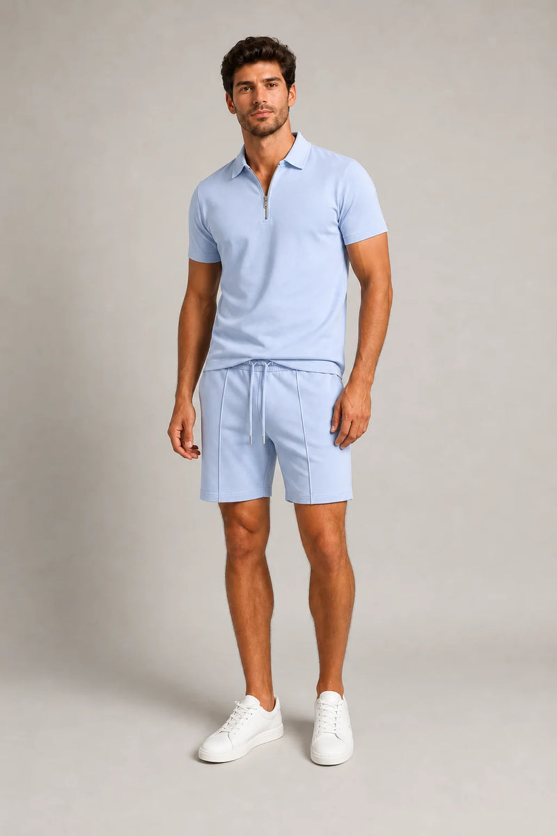 Sofaine Ezra men's two-piece polo set in Light blue, worn front