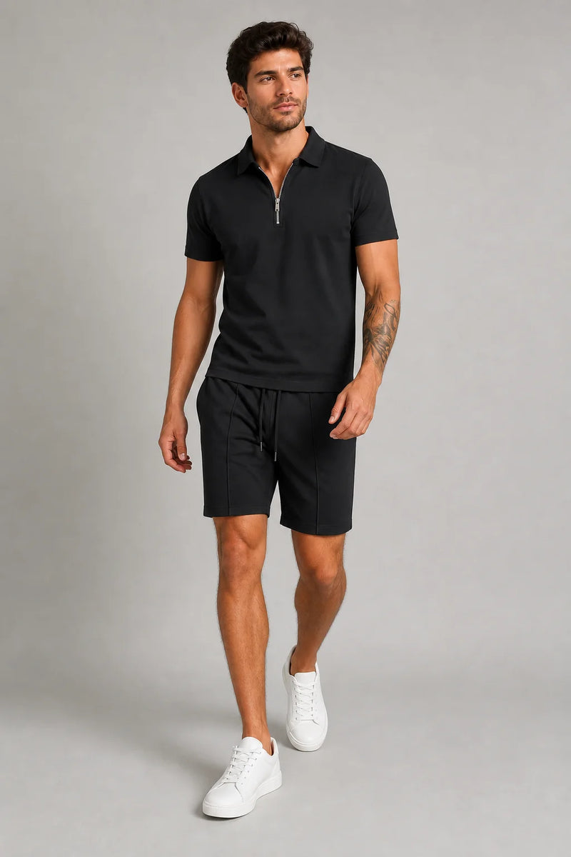 Sofaine Ezra men's two-piece polo set in Black, styled full look