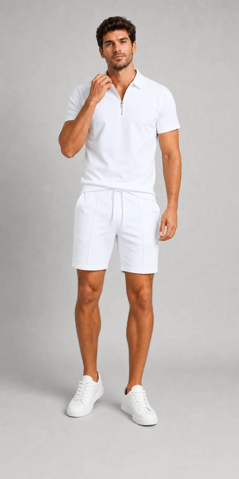 Sofaine Ezra men's two-piece polo set in White, worn front