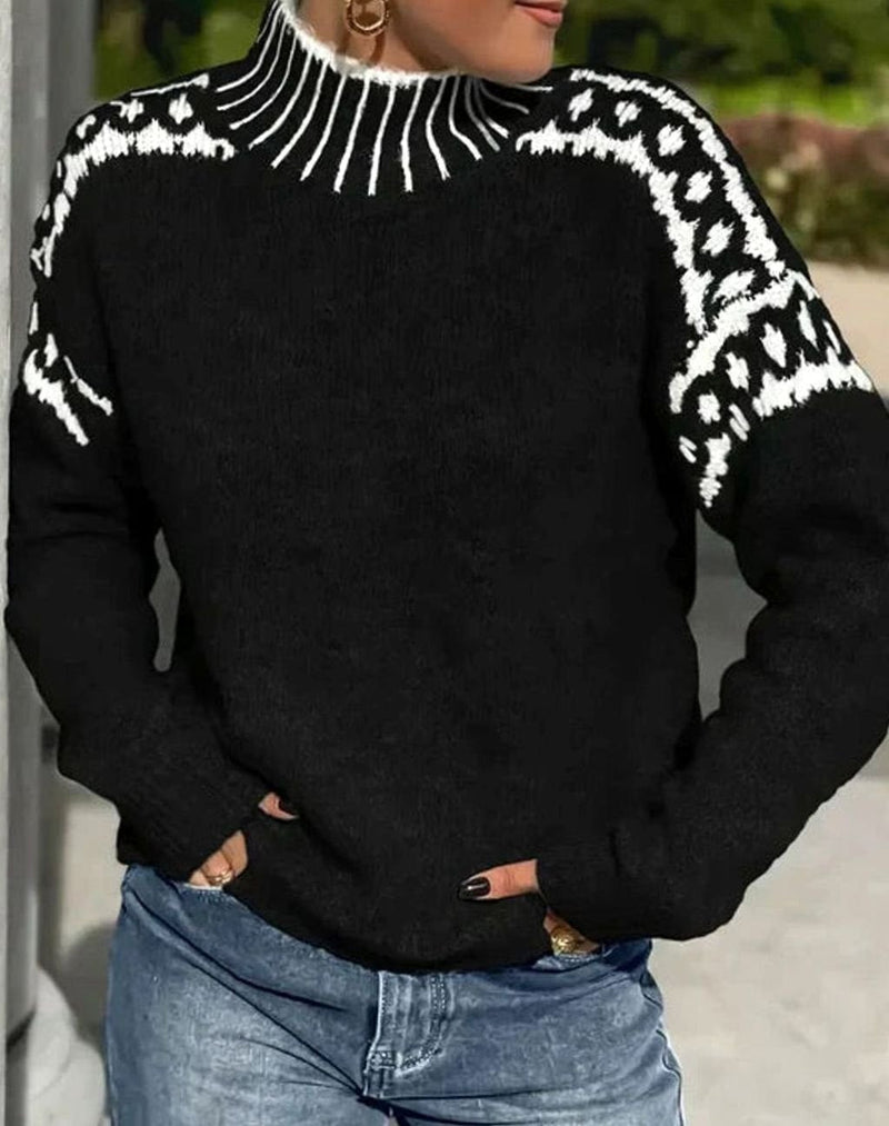 Fair Isle Mock Neck Sweater for Women with Striped Collar and Relaxed Fit in Black, front view
