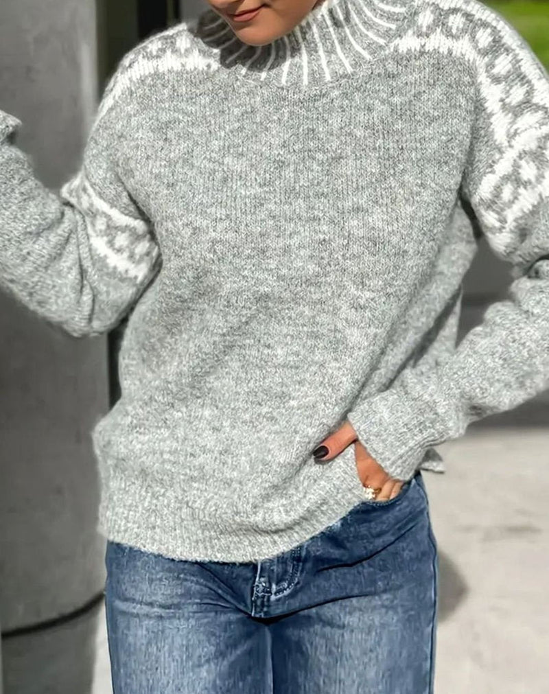 Fair Isle Mock Neck Sweater for Women with Striped Collar and Relaxed Fit in Gray, side view