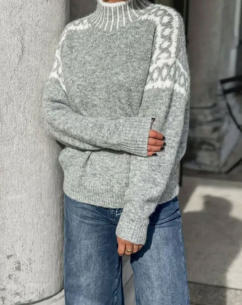 Fair Isle Mock Neck Sweater for Women with Striped Collar and Relaxed Fit in Gray, side view 2