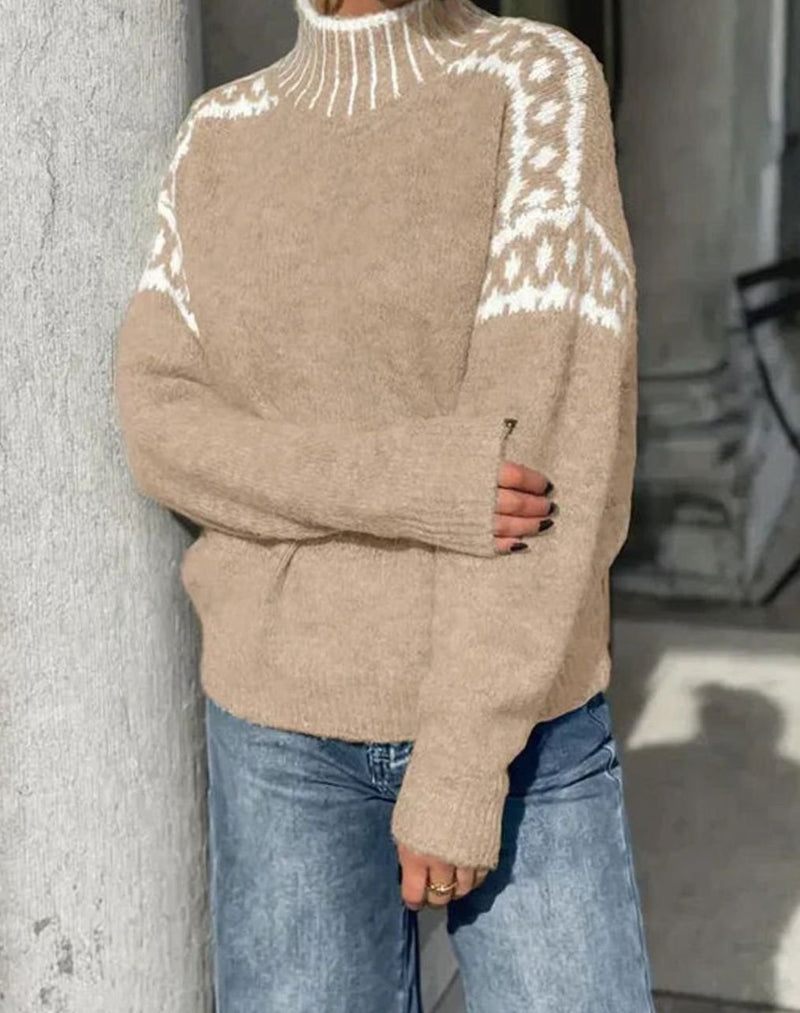 Fair Isle Mock Neck Sweater for Women with Striped Collar and Relaxed Fit in Khaki, side view