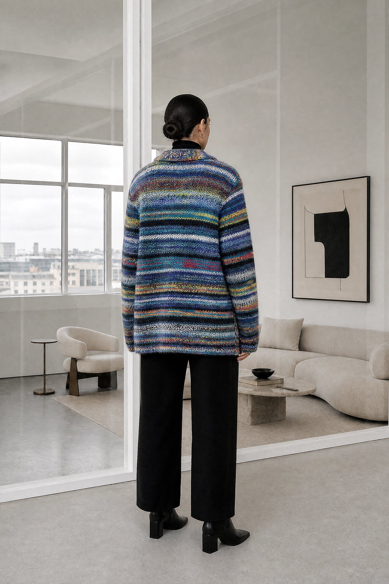 Fatima | Rainbow Stripe Cardigan in Blue, studio back view