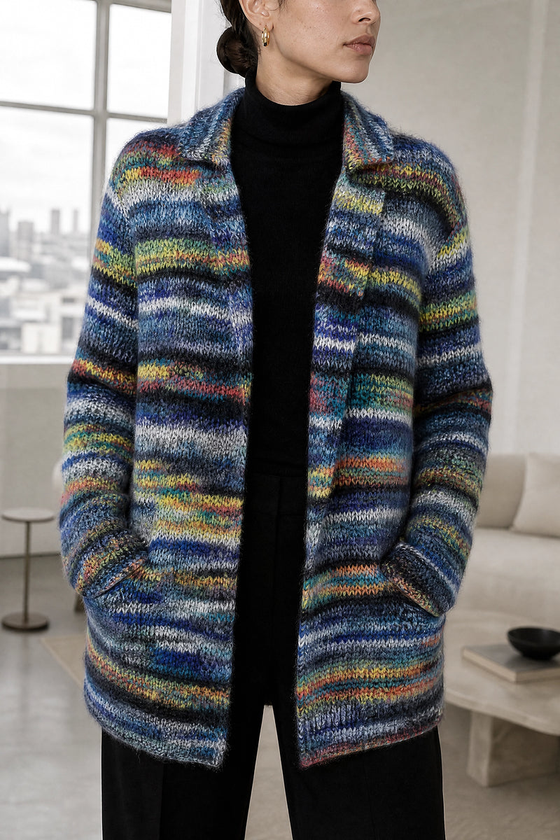 Fatima | Rainbow Stripe Cardigan in Blue, fabric close-up