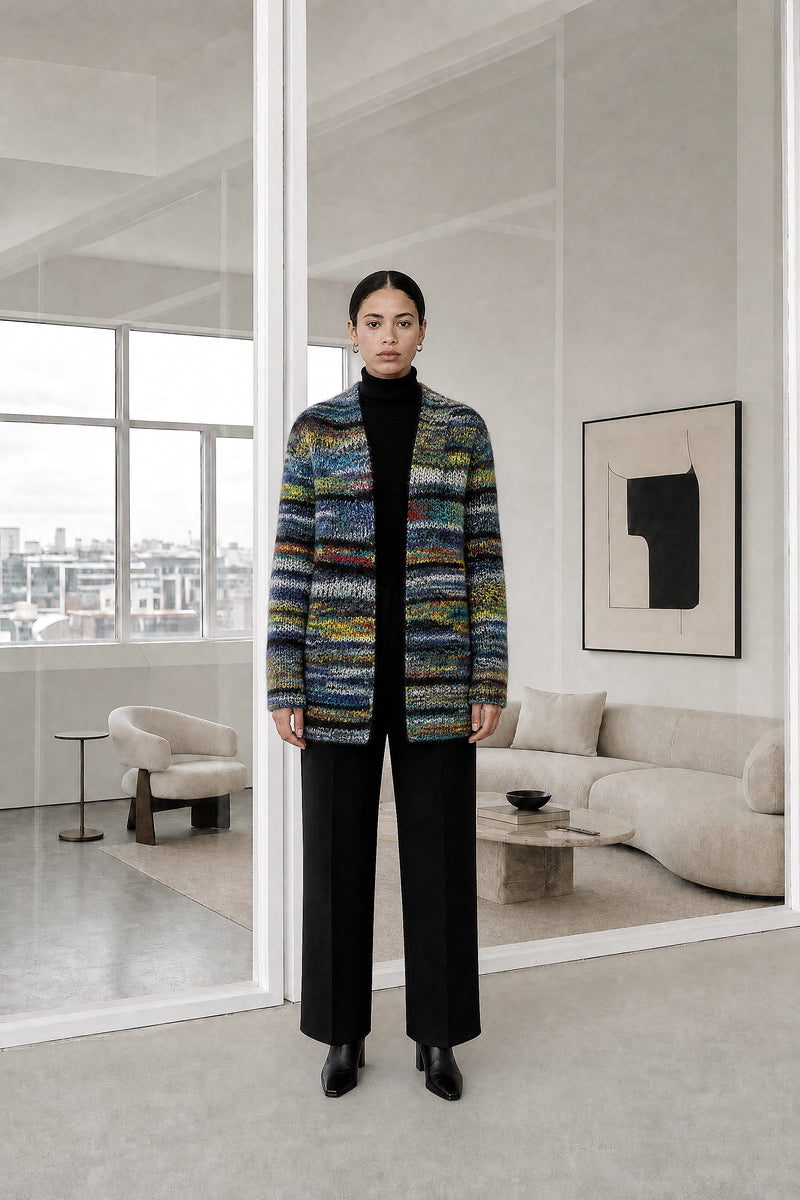 Fatima | Rainbow Stripe Cardigan in Blue, studio front view