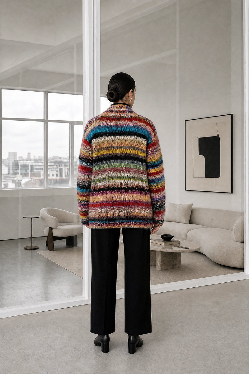 Fatima | Rainbow Stripe Cardigan in Red, studio back view